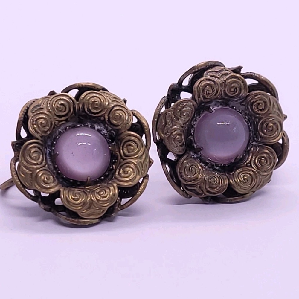 Czechoslovakia Vintage Purple Glass Cabochon Filigree Screwback Earrings